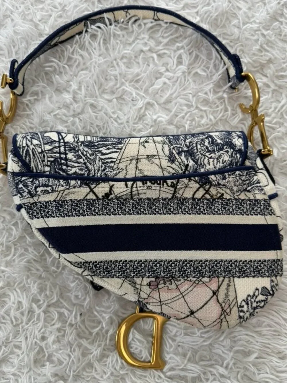 CHRISTIAN DIOR Canvas Embroidered Around the World Saddle Bag in Blue - Picture 10 of 13